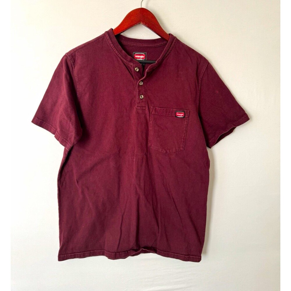 Wrangler Workwear Burgundy Henley Knit Pocket T-Shirt Mens M Cotton SS